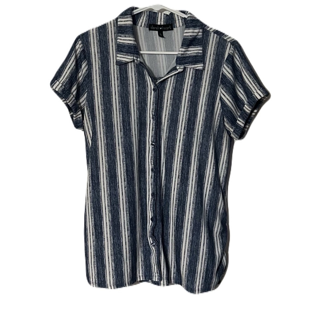 Derek Heart Blue‎ and White Cuffed Sleeve Button Down Shirt